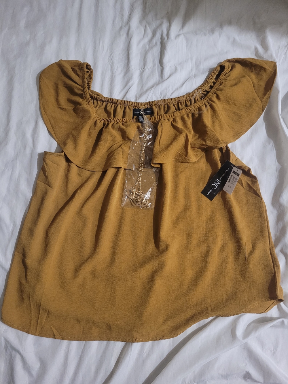 INC International Concepts Mustard Ruffle Off-Shoulder Top
